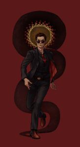 Man in black suit with sunglasses, with a coiling, scaled shadow behind him.